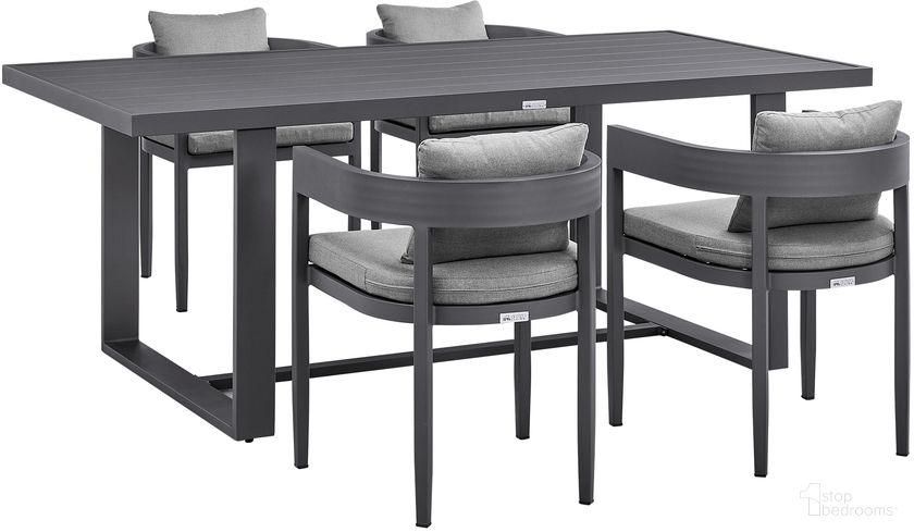The appearance of Menorca Outdoor Patio 5 Piece Dining Table Set In Dark Gray designed by Armen Living in the modern / contemporary interior design. This dark gray piece of furniture was selected by 1StopBedrooms from Menorca Collection to add a touch of cosiness and style into your home. Sku: LCMQCHGR;LCMQCHGR;LCMQDIGR. Table Base Style: Trestle. Material: Aluminum.