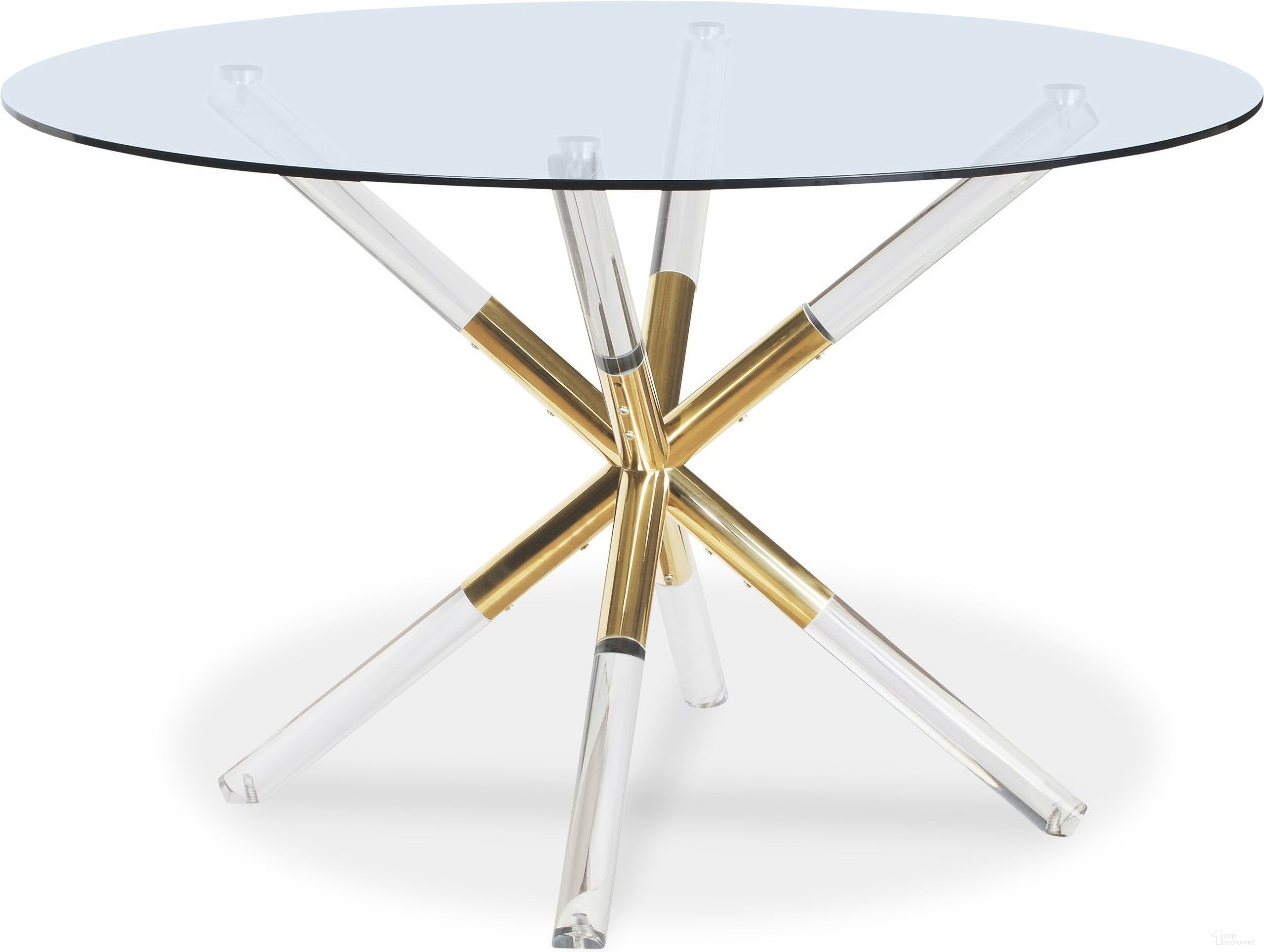 The appearance of Mercury Round Dining Table In Acrylic and Gold designed by Meridian in the modern / contemporary interior design. This gold piece of furniture was selected by 1StopBedrooms from Mercury Collection to add a touch of cosiness and style into your home. Sku: 916-T Box 1/2 (Glass Top);916-T Box 2/2 (Base). Table Base Style: Legs. Table Top Shape: Round. Material: Metal. Size: 48".