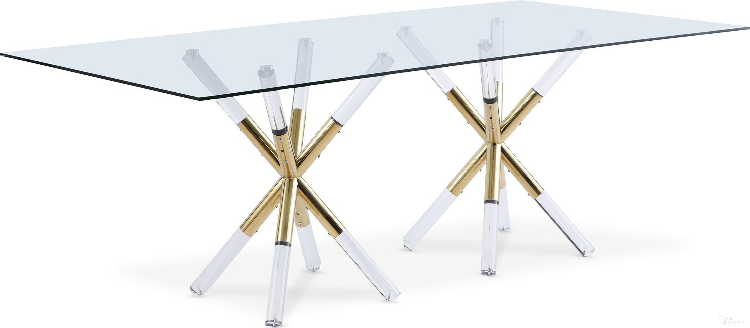 The appearance of Mercury Retangular Dining Table In Acrylic and Gold designed by Meridian in the modern / contemporary interior design. This gold piece of furniture was selected by 1StopBedrooms from Mercury Collection to add a touch of cosiness and style into your home. Sku: 917-T Box 1/2 (Glass Top);917-T Box 2/2 (Base). Table Base Style: Double Pedestal. Material: Metal. Table Top Shape: Rectangular. Size: 42" x 84".