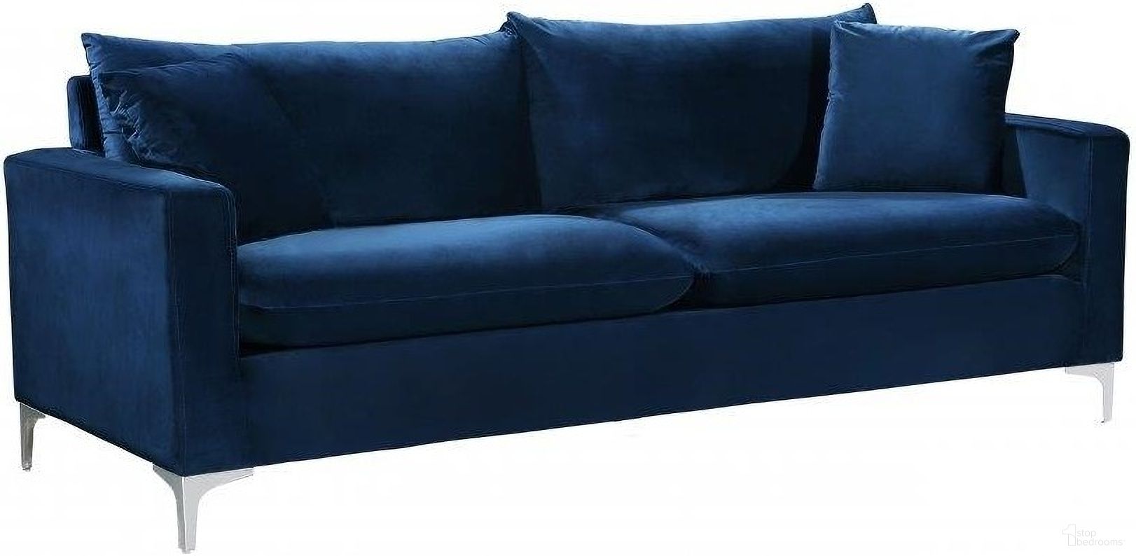 The appearance of Naomi Velvet Sofa In Navy designed by Meridian in the modern / contemporary interior design. This navy piece of furniture was selected by 1StopBedrooms from Naomi Collection to add a touch of cosiness and style into your home. Sku: 633Navy-S. Material: Velvet.