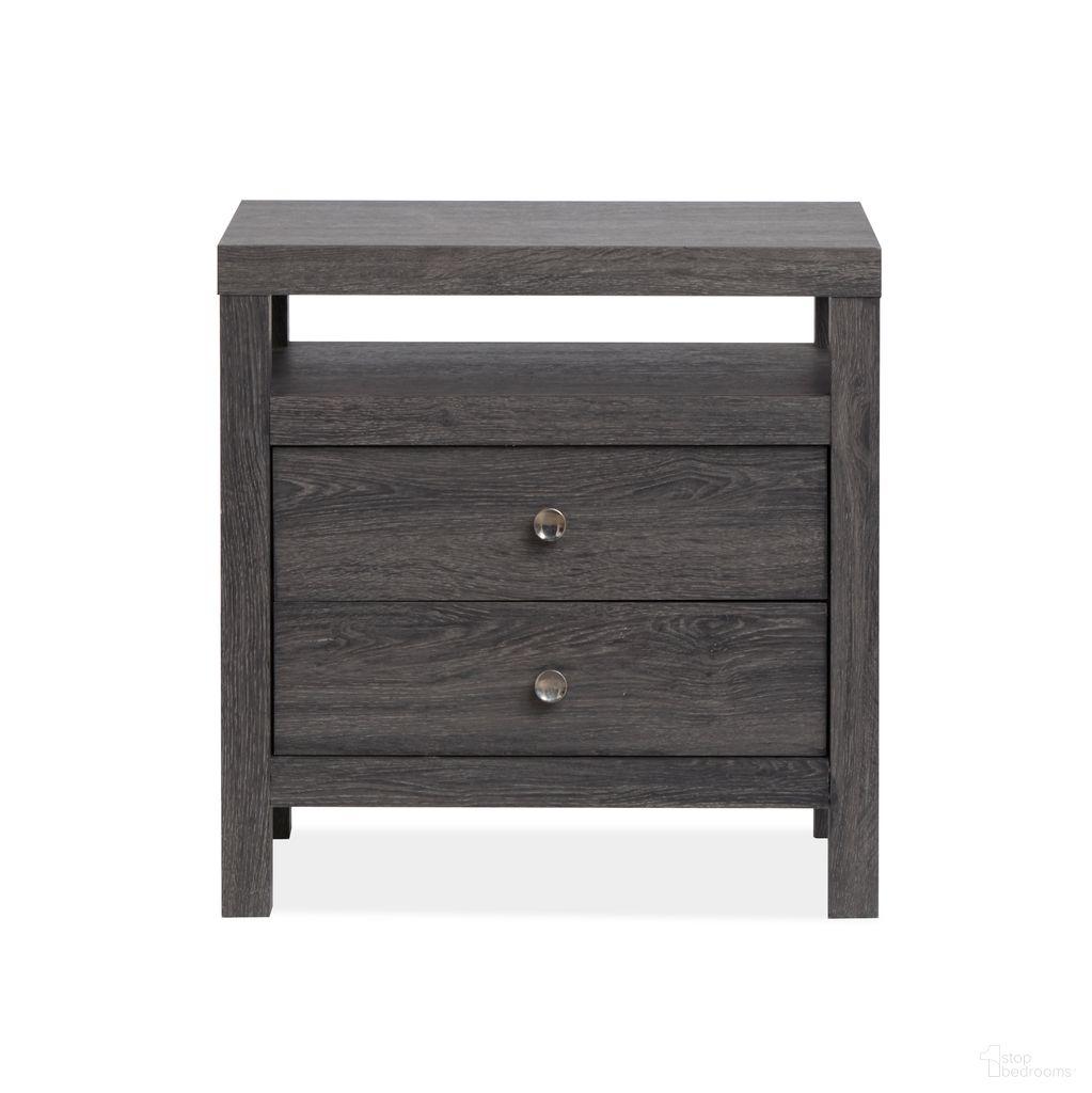 The appearance of Merrifield Drawer Nightstand In Raisin Black designed by Magnussen in the transitional interior design. This raisin black piece of furniture  was selected by 1StopBedrooms from Merrifield Collection to add a touch of cosiness and style into your home. Sku: B6308-01. Material: Laminate.