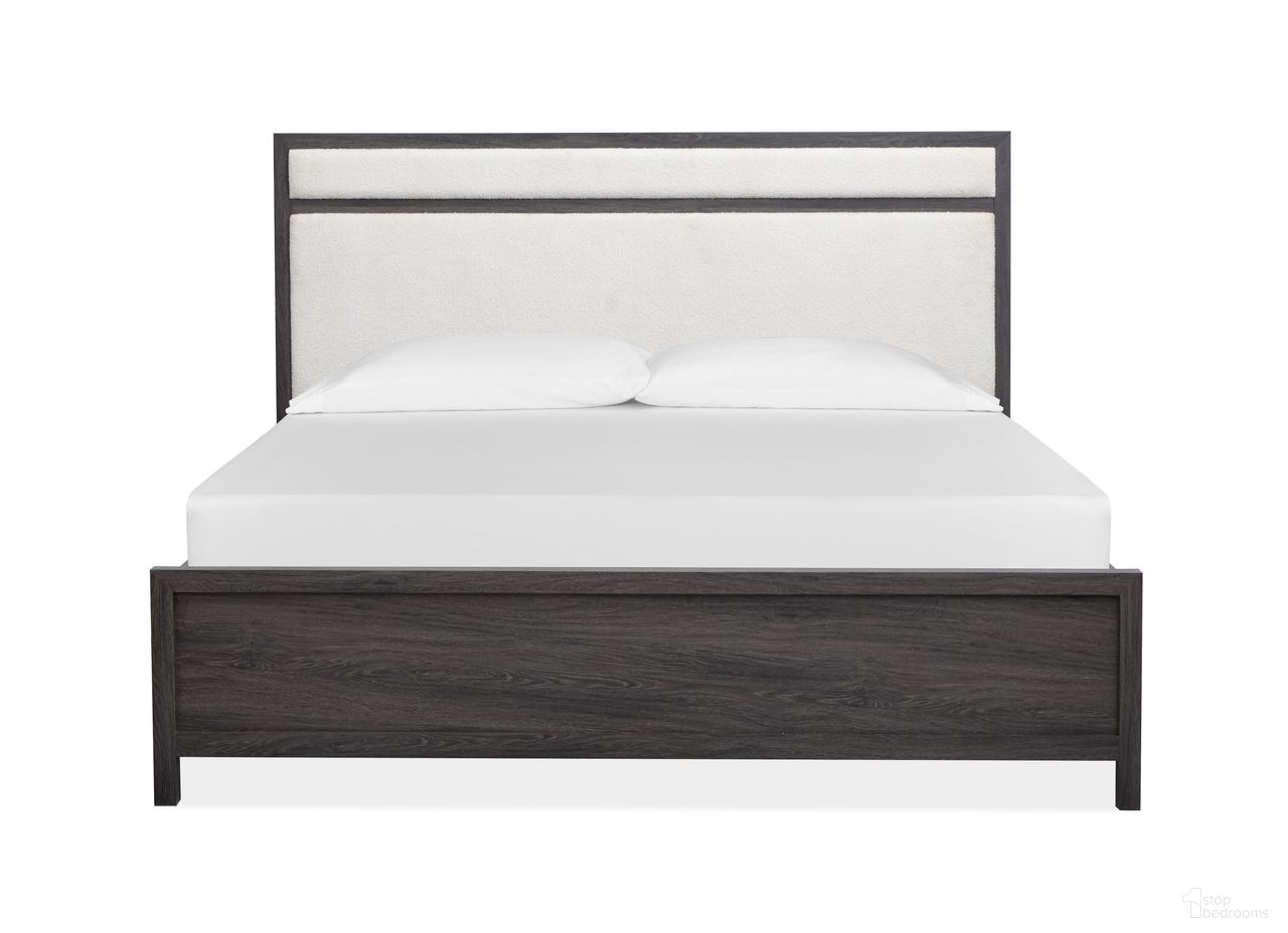 The appearance of Merrifield King Upholstered Panel Bed In Raisin Black designed by Magnussen in the transitional interior design. This raisin black piece of furniture was selected by 1StopBedrooms from Merrifield Collection to add a touch of cosiness and style into your home. Sku: B6308-65H;B6308-64F;B6308-54R. Bed Size: King. Material: Laminate. Bed Type: Upholstered Bed.
