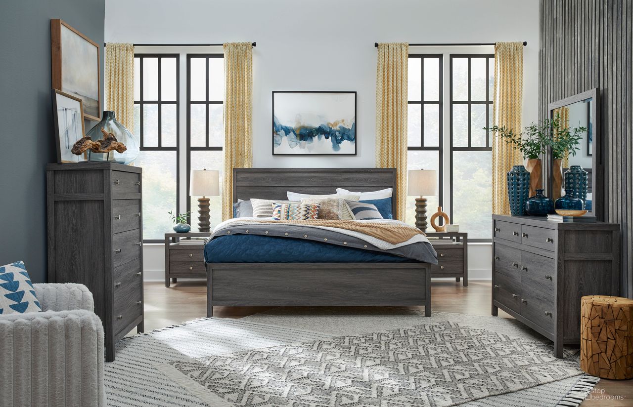 The appearance of Merrifield Panel Bedroom Set In Raisin Black designed by Magnussen in the transitional interior design. This raisin black piece of furniture was selected by 1StopBedrooms from Merrifield Collection to add a touch of cosiness and style into your home. Sku: B6308-54H;B6308-54F;B6308-54R;B6308-01. Bed Size: King. Material: Hardwood.