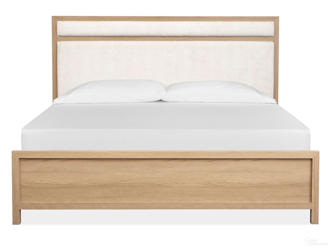 The appearance of Merrifield Queen Upholstered Panel Bed In Sandstone Beige designed by Magnussen in the transitional interior design. This sandstone beige piece of furniture was selected by 1StopBedrooms from Merrifield Collection to add a touch of cosiness and style into your home. Sku: B5906-55H;B5906-54F;B5906-54R. Bed Size: Queen. Material: Laminate. Bed Type: Upholstered Bed.