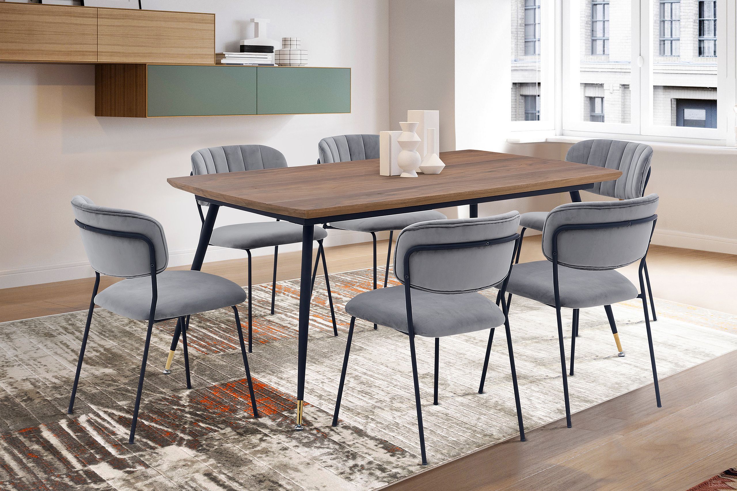 The appearance of Messina and Carlo Gray Velvet 7-Piece Rectangular Dining Set designed by Armen Living in the glam interior design. This black/gold piece of furniture was selected by 1StopBedrooms from Messina and Carlo Collection to add a touch of cosiness and style into your home. Sku: LCMSDIWA;LCCOSIBLGR;LCCOSIBLGR;LCCOSIBLGR. Material: MDF.