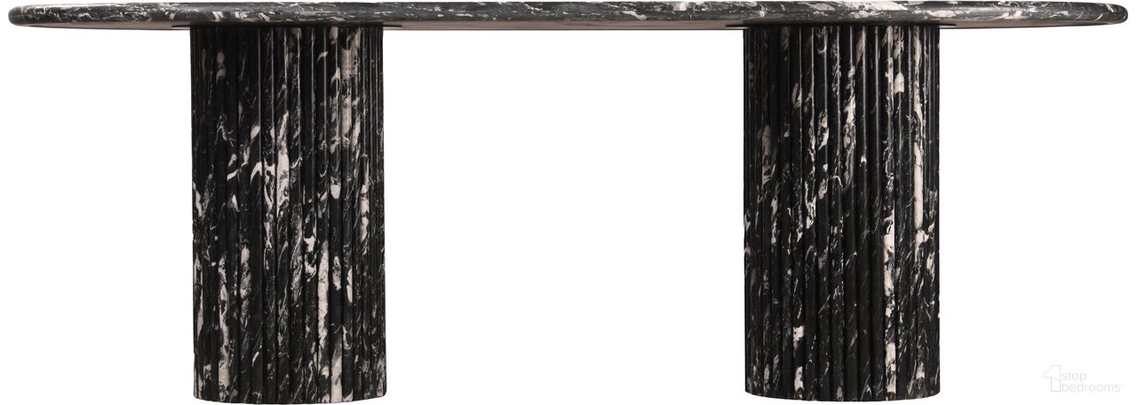 The appearance of Messina Marble Dining Table In Black and Natural designed by Meridian in the modern / contemporary interior design. This black and natural piece of furniture  was selected by 1StopBedrooms from Messina Collection to add a touch of cosiness and style into your home. Sku: 925Black-DT Box 1/3 (Top);925Black-DT Box 2/3 (Base1);925Black-DT Box 3/3 (Base2). Table Base Style: Double Pedestal. Material: Marble. Table Top Shape: Rectangular. Size: 40" x 87".