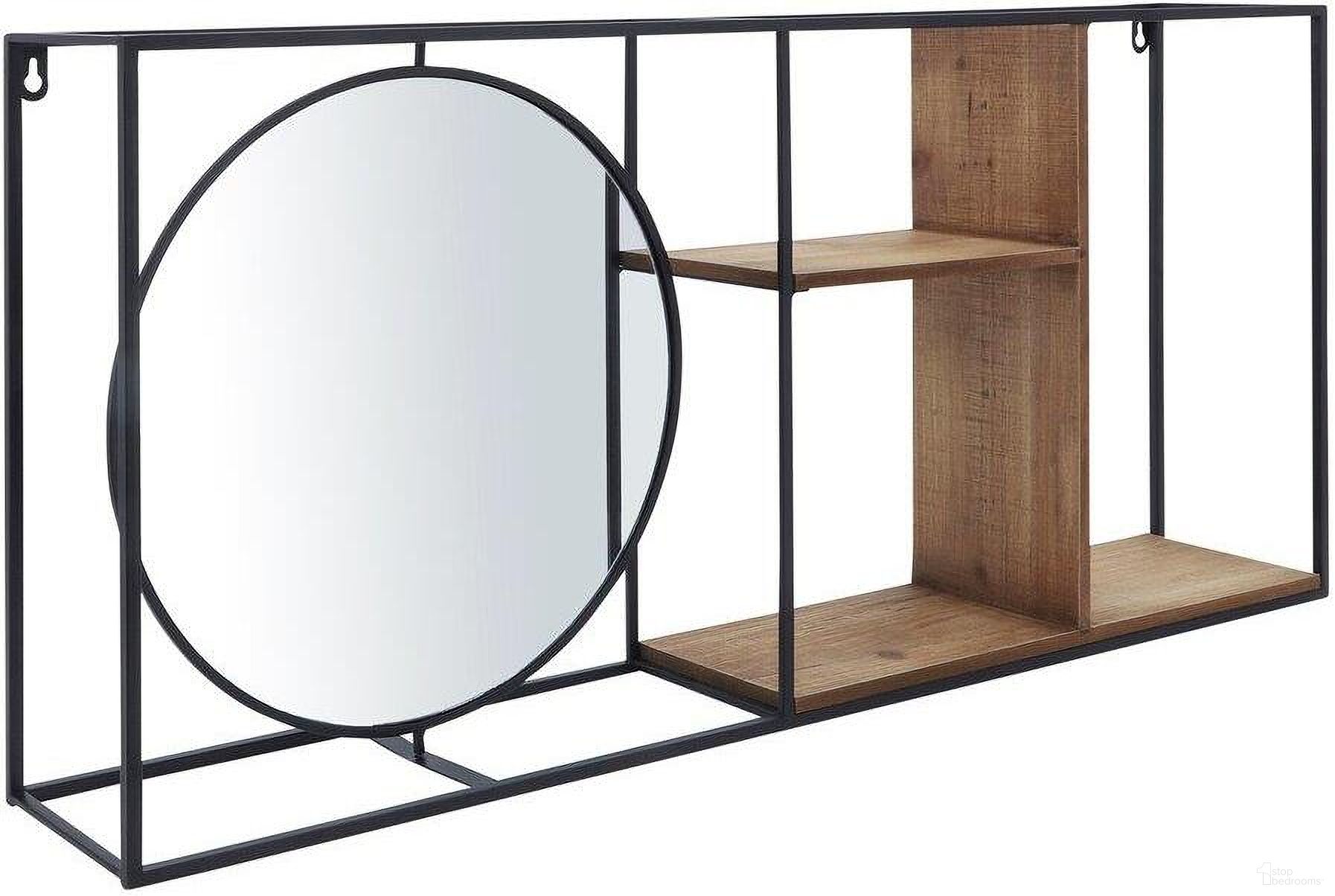 Metal And Wood 34 Inch Wall Shelf With Mirror In Black And Brow