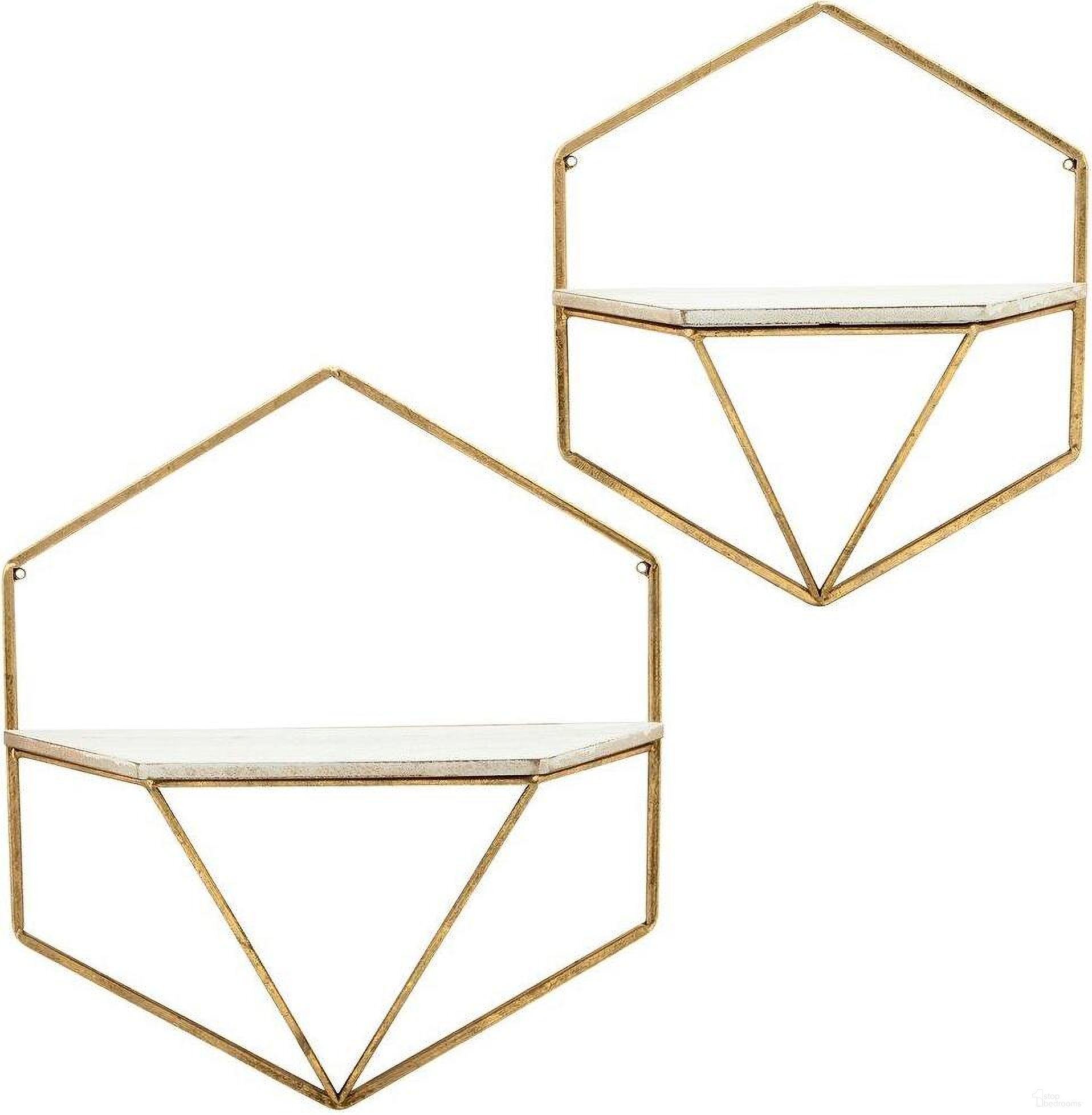 Metal And Wood He x agon Wall Shelves Set of 2 In Gold And White