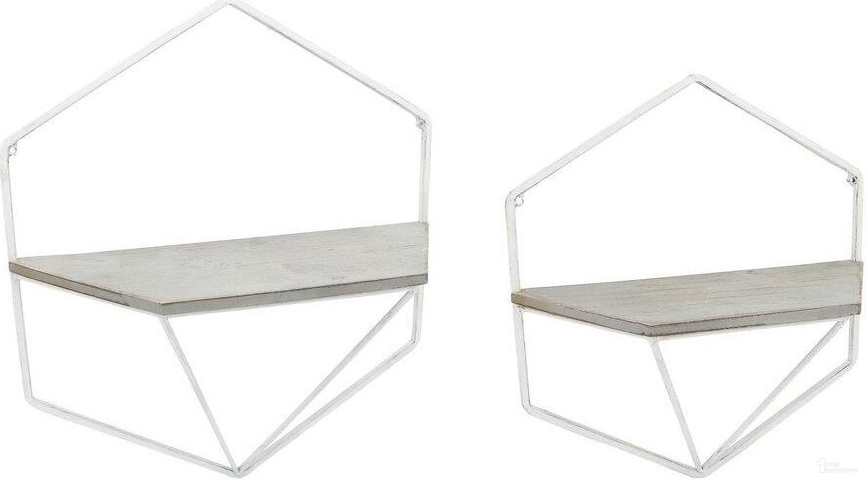 Metal And Wood He x agon Wall Shelves Set of 2 In White And Gray