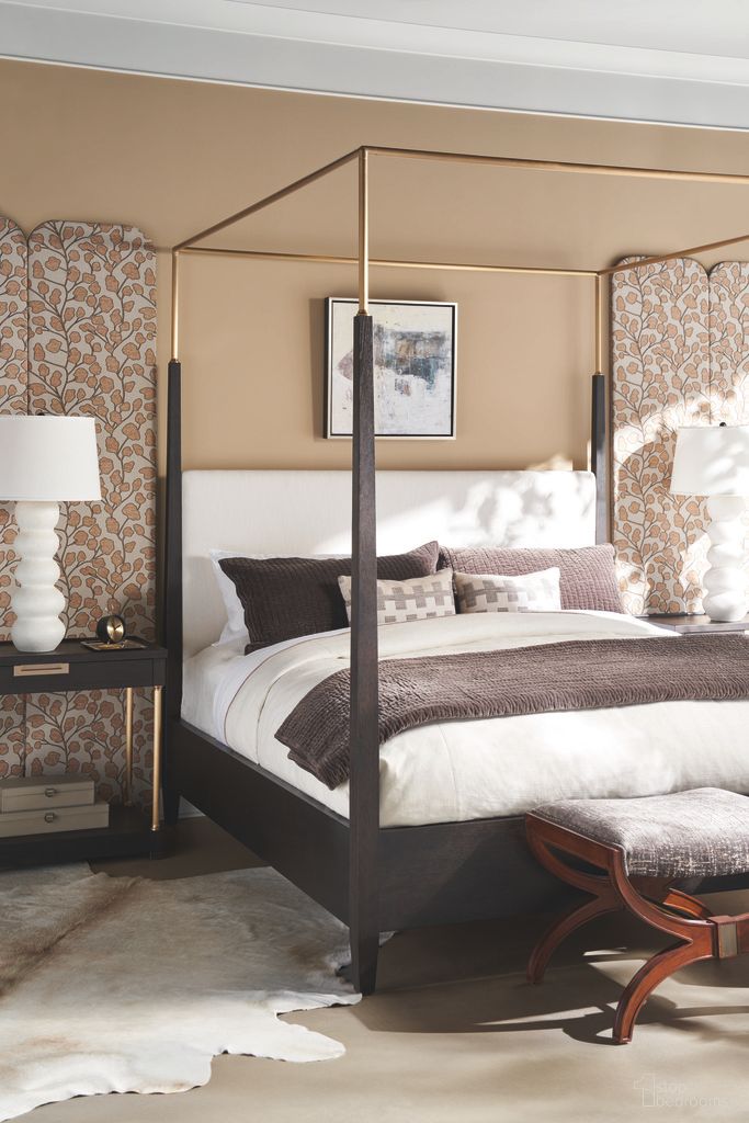 The appearance of Metal Canopy Poster Bedroom Set In Mocha designed by Century Furniture in the transitional interior design. This mocha piece of furniture  was selected by 1StopBedrooms from Cadence Collection to add a touch of cosiness and style into your home. Sku: CA3-146F;CA3-146H;CA3-146R;CAA-146C;CA3-221. Bed Type: Poster Bed. Bed Size: King. Material: Upholstery.
