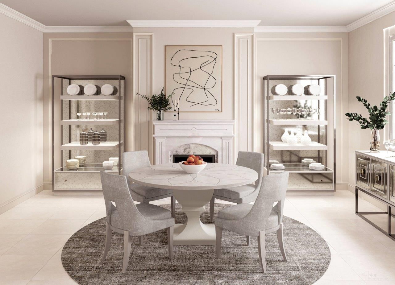 The appearance of Mezzanine Round Dining Room Set In Light Gray designed by A.R.T. in the transitional interior design. This light gray piece of furniture was selected by 1StopBedrooms from Mezzanine Collection to add a touch of cosiness and style into your home. Sku: 325225-2249TP;325225-2217BS;325200-2249. Table Base Style: Pedestal. Table Top Shape: Round. Material: Poplar. Size: 60".