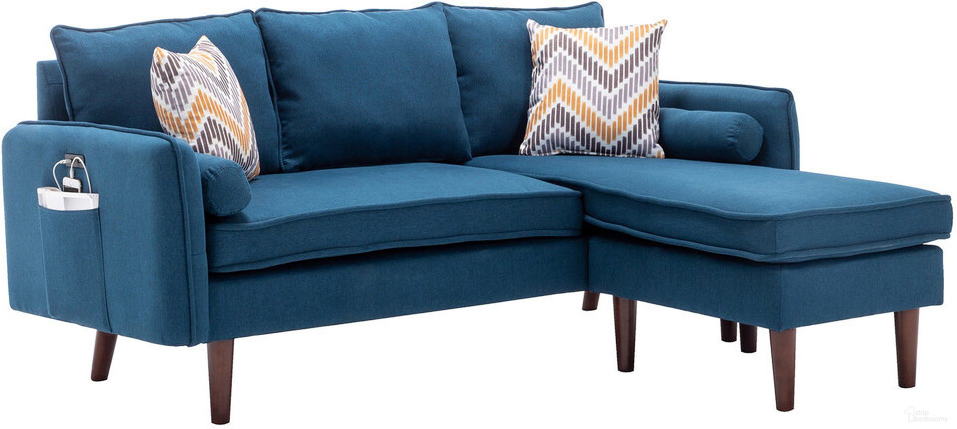 The appearance of Mia Blue Sectional Sofa Chaise With Usb Charger & Pillows designed by Lilola Home in the modern / contemporary interior design. This blue piece of furniture was selected by 1StopBedrooms from Mia Collection to add a touch of cosiness and style into your home. Sku: 89628BU. Material: Wood. Layout: Sofa & Chaise.