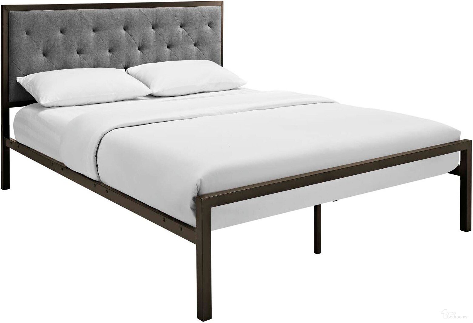 The appearance of Mia Brown and Gray Queen Fabric Bed designed by Modway in the modern / contemporary interior design. This brown and gray piece of furniture was selected by 1StopBedrooms from Mia Collection to add a touch of cosiness and style into your home. Sku: MOD-5182-BRN-FRM;MOD-5182-BRN-GRY-HB. Bed Type: Platform Bed. Material: Fabric. Bed Size: Queen.