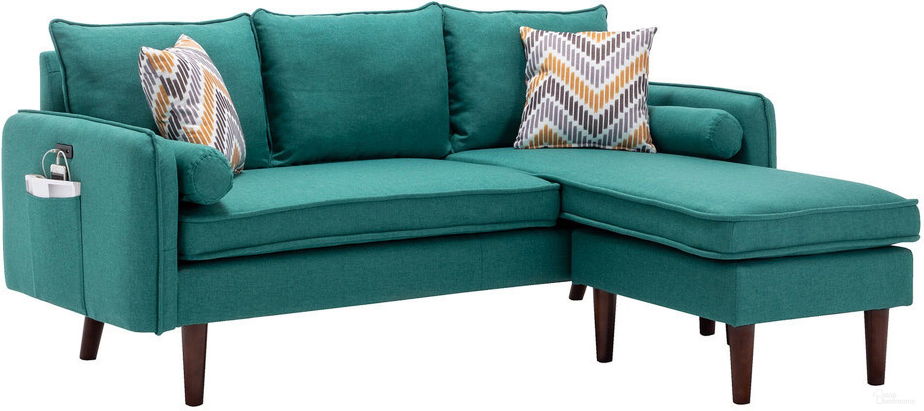 The appearance of Mia Green Sectional Sofa Chaise With Usb Charger & Pillows designed by Lilola Home in the modern / contemporary interior design. This green piece of furniture was selected by 1StopBedrooms from Mia Collection to add a touch of cosiness and style into your home. Sku: 89628GN. Material: Wood. Layout: Sofa & Chaise.