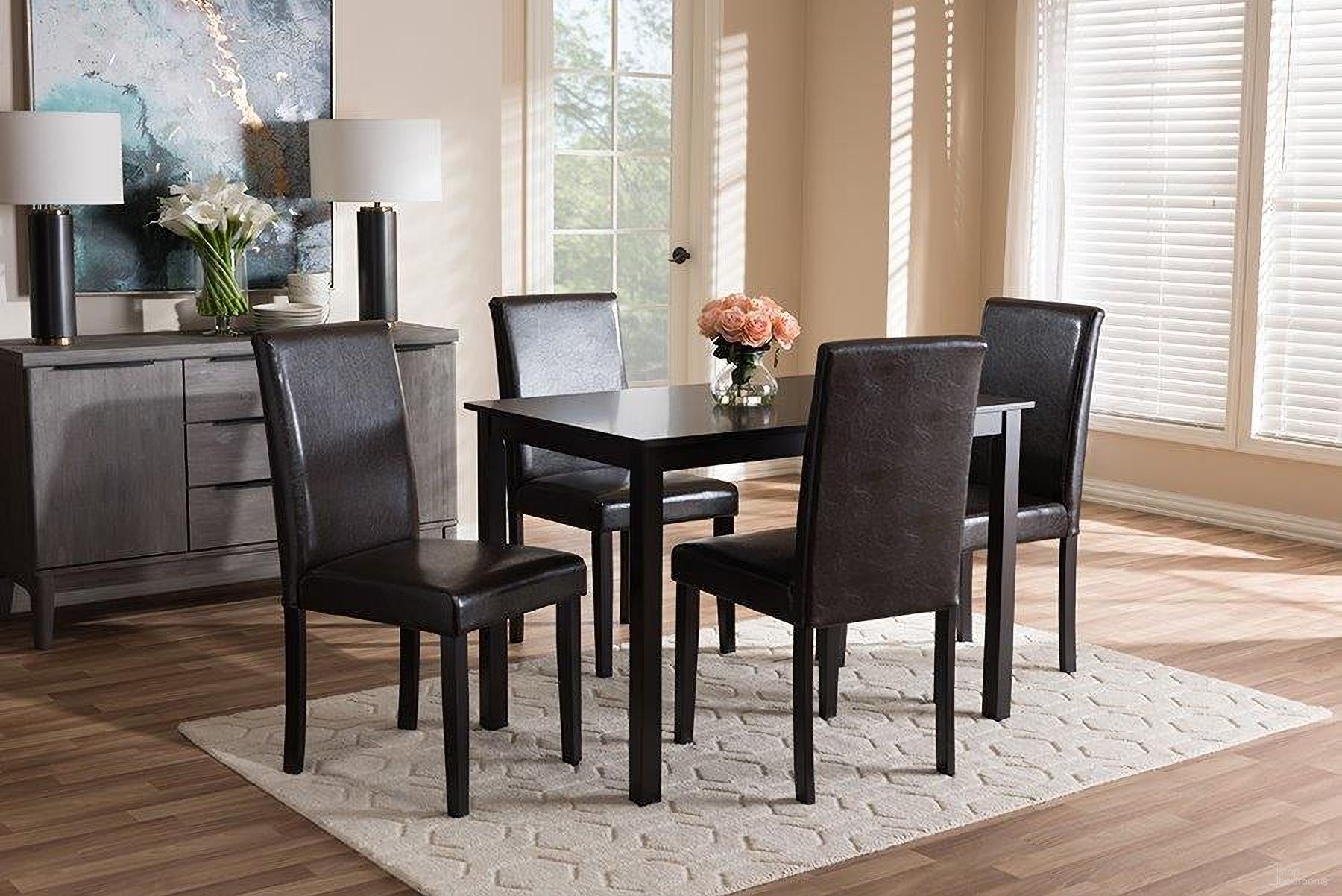 The appearance of Mia Modern And Contemporary Dark Brown Faux Leather Upholstered 5-Piece Dining Set designed by Baxton Studio in the modern / contemporary interior design. This dark brown piece of furniture  was selected by 1StopBedrooms from Mia Collection to add a touch of cosiness and style into your home. Sku: RH5992C-Dark Brown Dining Set. Material: Rubberwood.