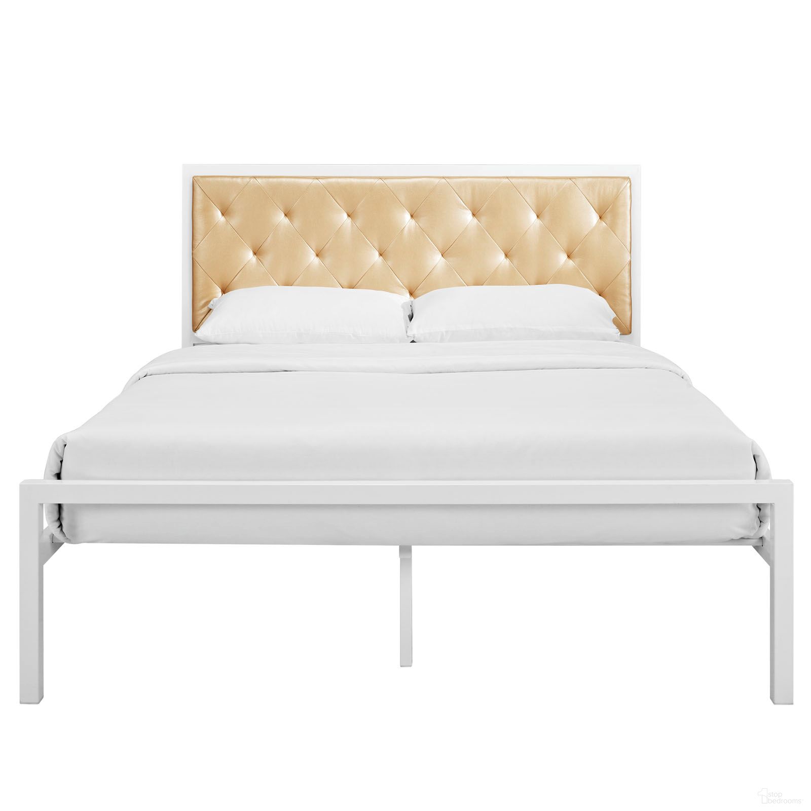 The appearance of Mia Vinyl Queen Bed In White and Champagne designed by Modway in the modern / contemporary interior design. This champagne/white piece of furniture was selected by 1StopBedrooms from Mia Collection to add a touch of cosiness and style into your home. Sku: MOD-5183-WHI-CHA-HB;MOD-5183-WHI-FRM. Bed Type: Platform Bed. Bed Size: Queen. Material: Vinyl.
