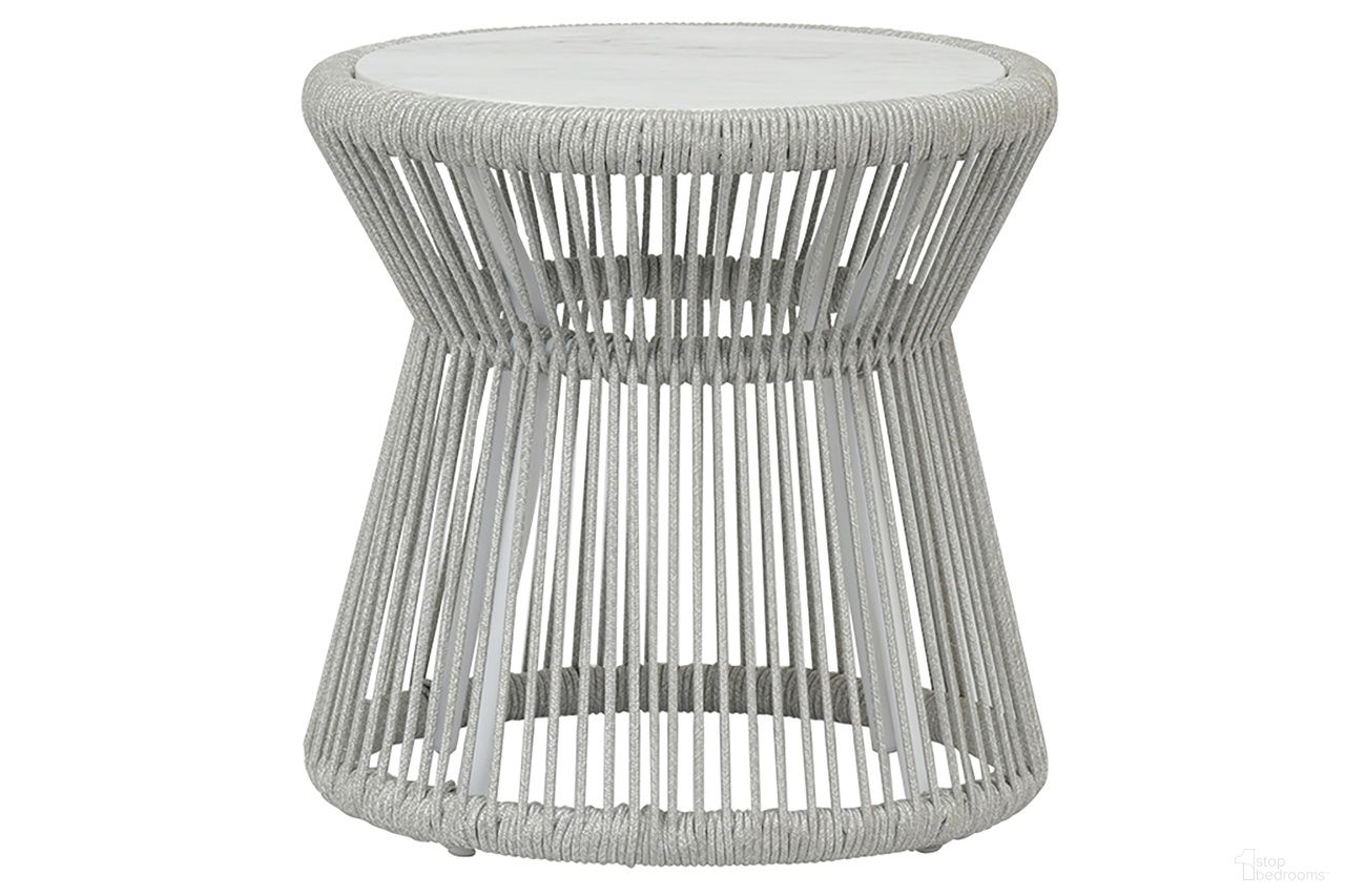 The appearance of Miami End Table with Honed Carrara Marble Top in Silver Frost designed by Sunset West in the modern / contemporary interior design. This silver frost piece of furniture was selected by 1StopBedrooms from Miami Collection to add a touch of cosiness and style into your home. Sku: SW4401-ET. Material: Olefin Rope.