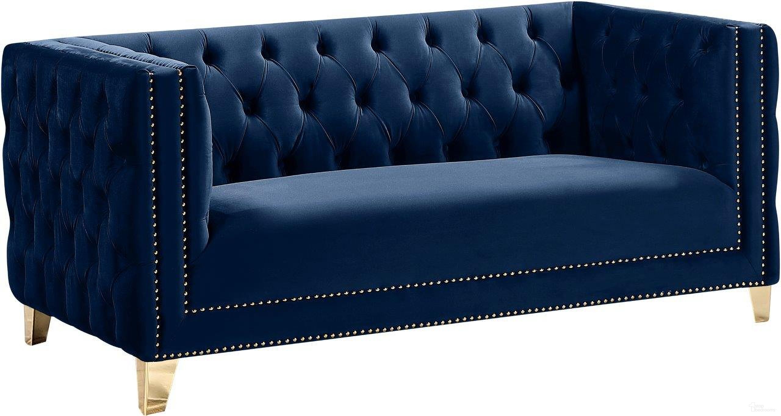 The appearance of Michelle Velvet Loveseat In Navy designed by Meridian in the modern / contemporary interior design. This navy piece of furniture  was selected by 1StopBedrooms from Michelle Collection to add a touch of cosiness and style into your home. Sku: 652Navy-L. Material: Velvet.