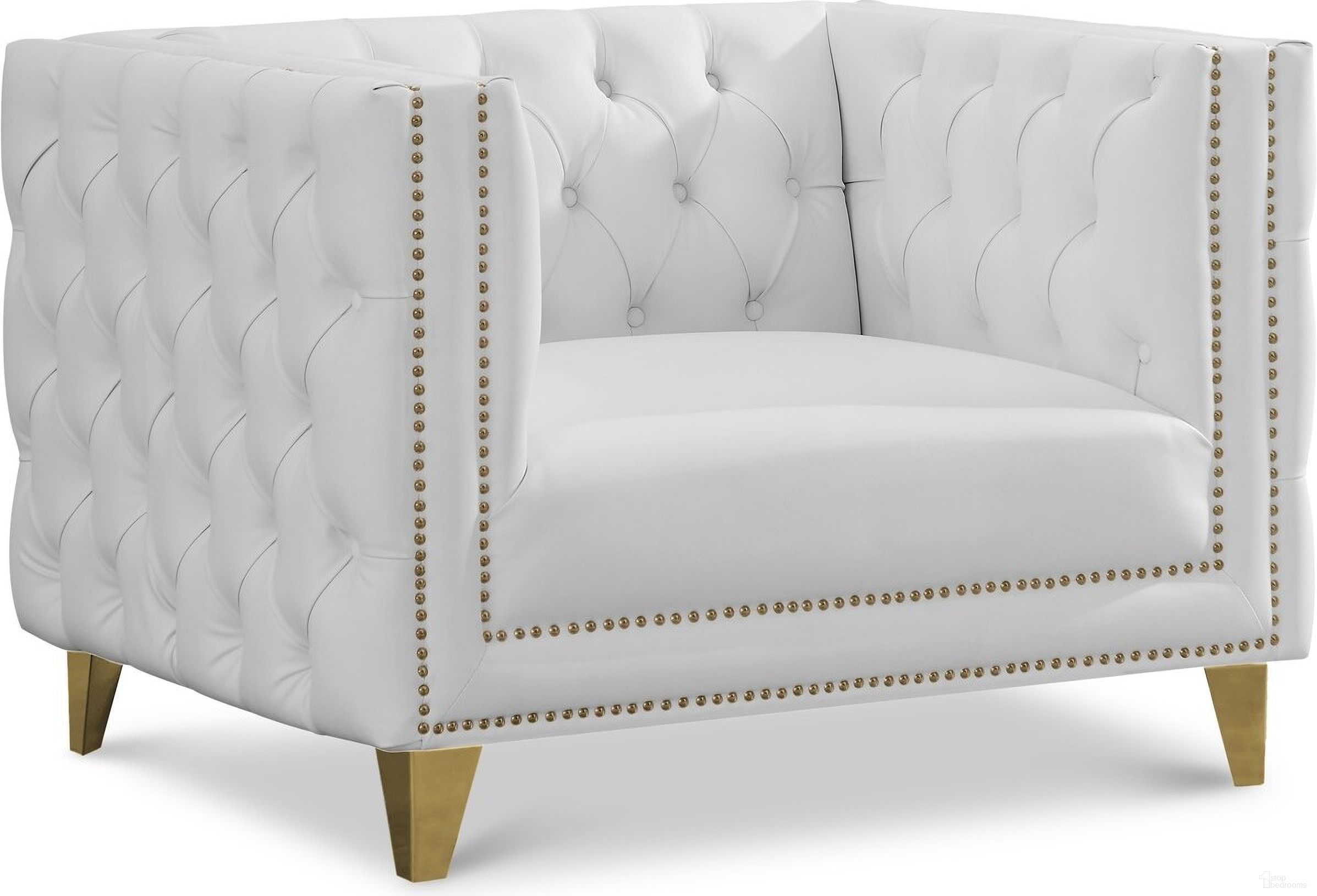 The appearance of Michelle Vegan Leather Chair In White designed by Meridian in the modern / contemporary interior design. This white piece of furniture  was selected by 1StopBedrooms from Michelle Collection to add a touch of cosiness and style into your home. Sku: 651White-C. Material: Leather.