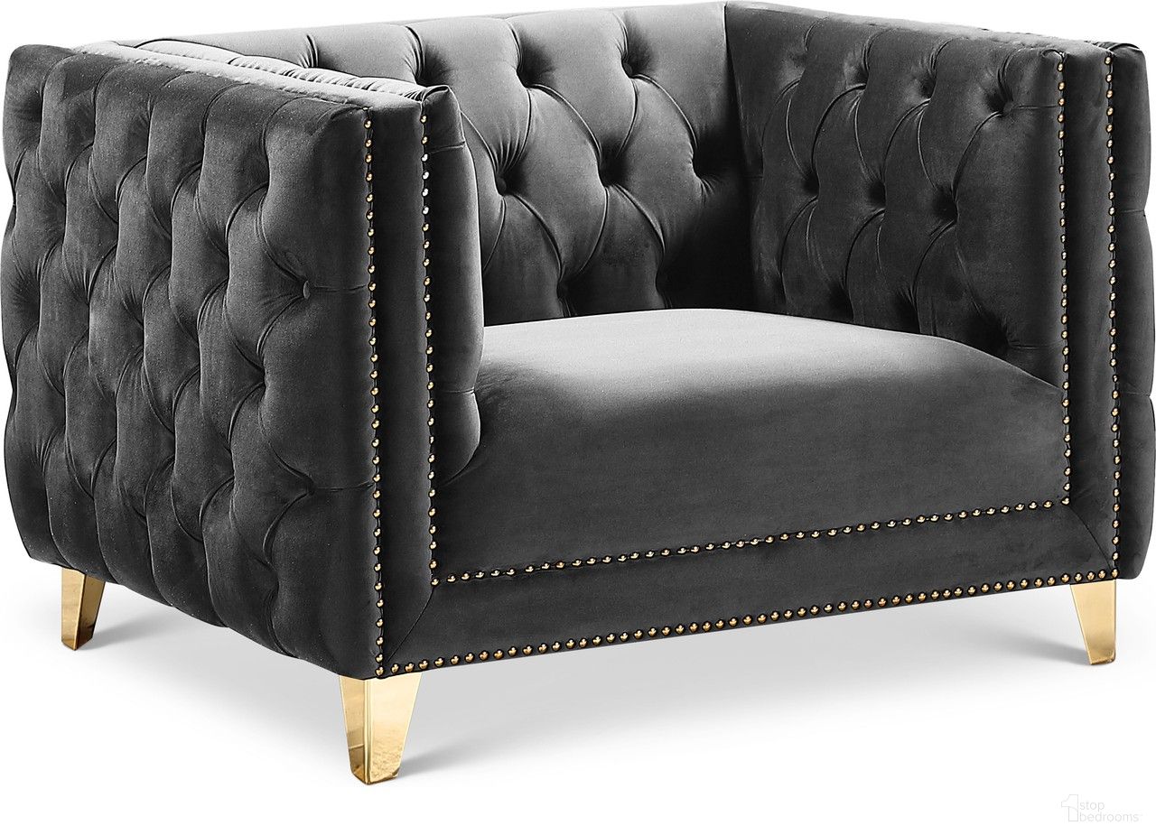 The appearance of Michelle Velvet Chair In Grey designed by Meridian in the modern / contemporary interior design. This grey piece of furniture  was selected by 1StopBedrooms from Michelle Collection to add a touch of cosiness and style into your home. Sku: 652Grey-C. Material: Velvet.