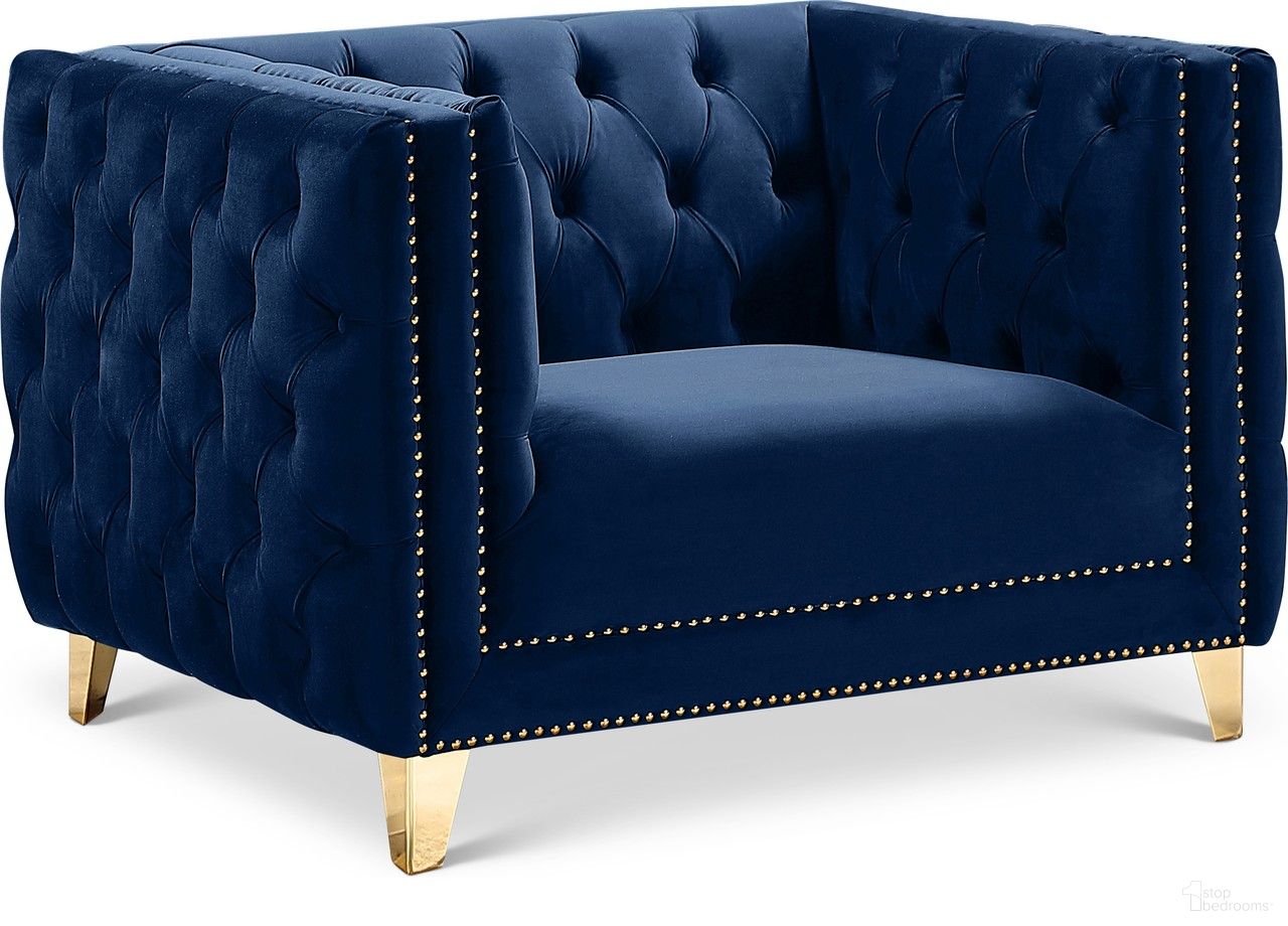 The appearance of Michelle Velvet Chair In Navy designed by Meridian in the modern / contemporary interior design. This navy piece of furniture was selected by 1StopBedrooms from Michelle Collection to add a touch of cosiness and style into your home. Sku: 652Navy-C. Material: Velvet.