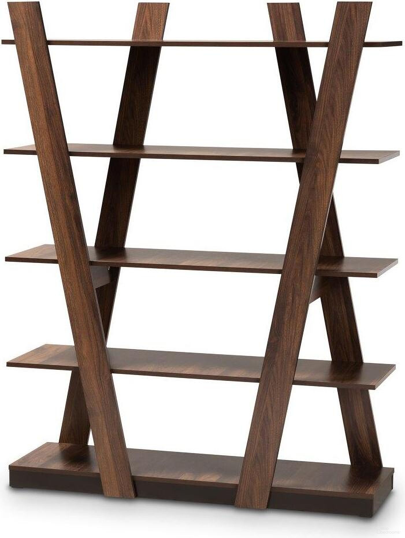 Michio Modern and Contemporary Walnut Brown Finished 5-Tier Wood Geometric Living Room Display Shelf