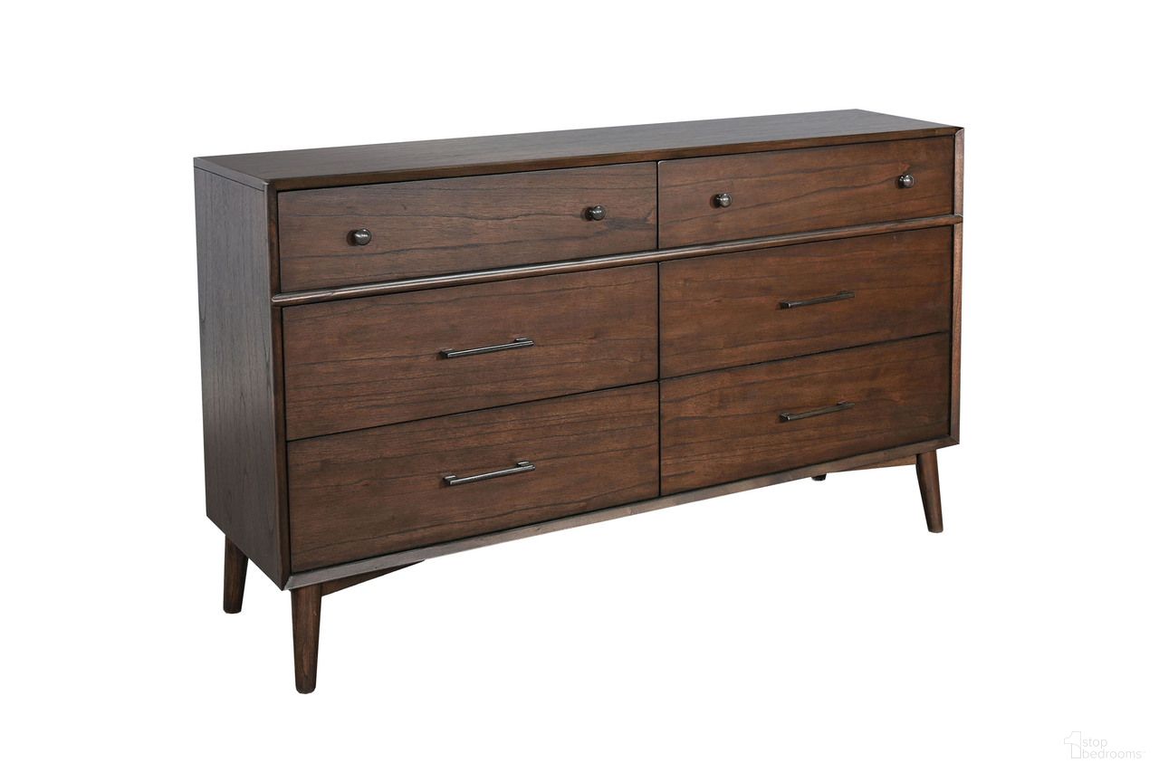 The appearance of Mid-Century Modern 6 Drawer Dresser In Walnut designed by Sunny Designs in the transitional interior design. This walnut piece of furniture was selected by 1StopBedrooms from Modern Collection to add a touch of cosiness and style into your home. Sku: 2336WL-D2. Material: Solid Wood.