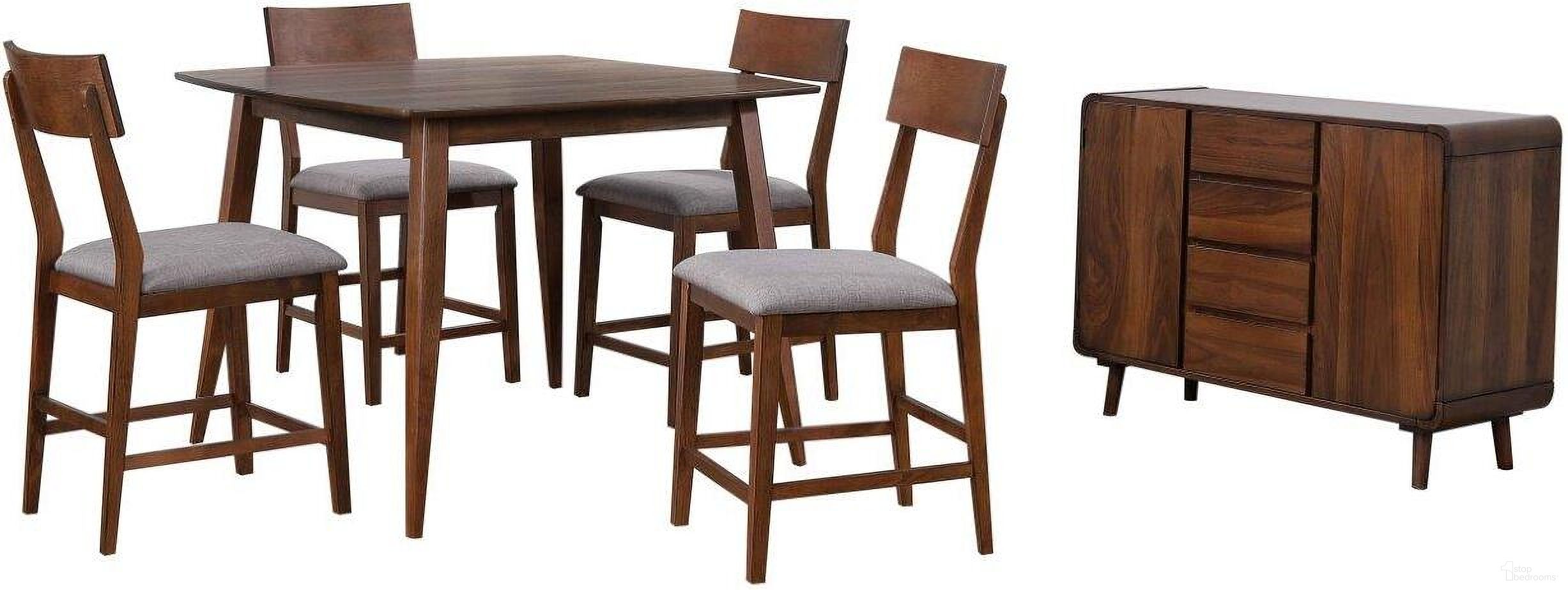 The appearance of Mid Century Server 6 Piece Square Counter Height Pub Table Dining Set designed by Sunset Trading in the modern / contemporary interior design. This danish walnut piece of furniture was selected by 1StopBedrooms from Mid Century Collection to add a touch of cosiness and style into your home. Sku: DLU-MC-TL-4848-DW;DLU-MC-B45-DW-RTA;DLU-MC-B45-DW-RTA;DLU-MC-SER-DW. Material: Wood.
