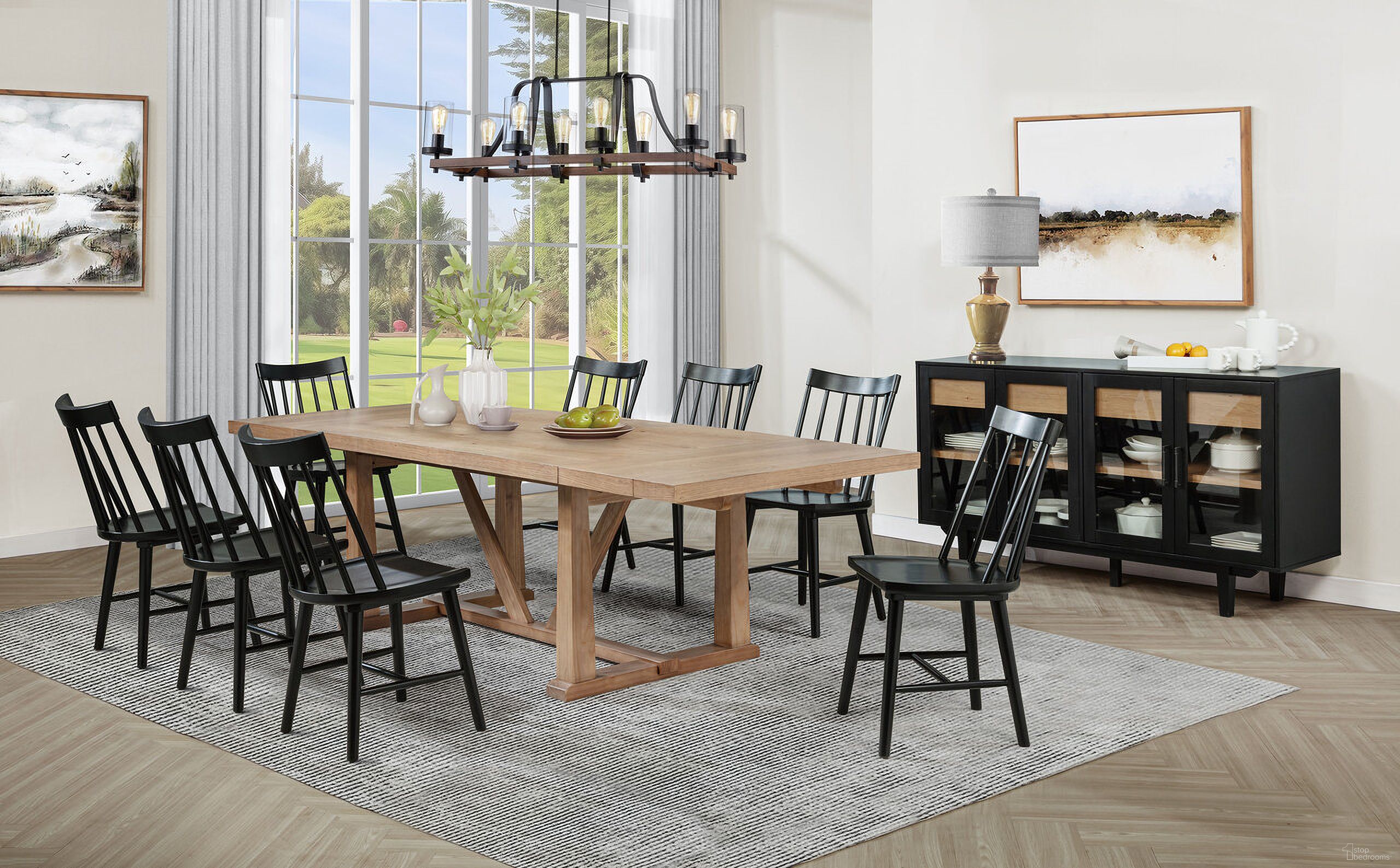 The appearance of Middleton 106 Inch Extension Leaf Dining Room Set In Natural and Black designed by Coaster in the country / farmhouse interior design. This black piece of furniture  was selected by 1StopBedrooms from Middleton Collection to add a touch of cosiness and style into your home. Sku: 108541B1;108541B2;108546BLK. Material: MDF. Table Top Shape: Rectangular. Size: 41" x 78".