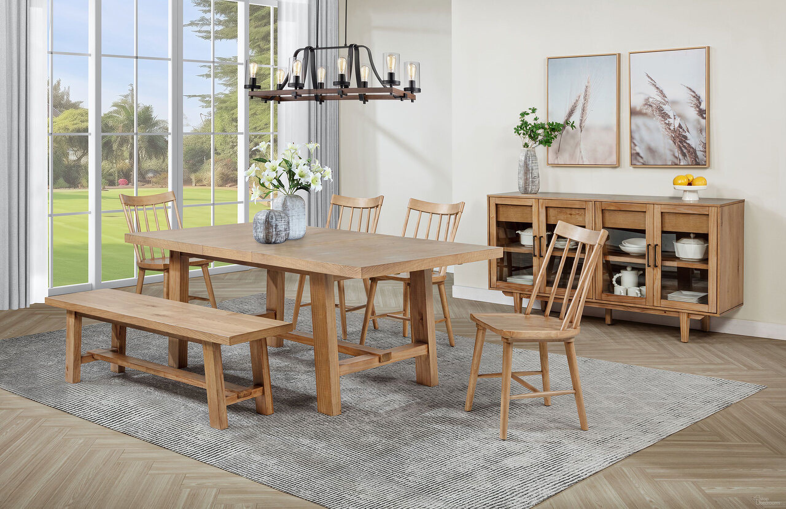 The appearance of Middleton 76 Inch Extension Leaf Dining Room Set In Natural designed by Coaster in the country / farmhouse interior design. This natural piece of furniture was selected by 1StopBedrooms from Middleton Collection to add a touch of cosiness and style into your home. Sku: 108540B1;108540B2;108546NAT. Material: MDF. Table Top Shape: Rectangular. Size: 40" x 60".