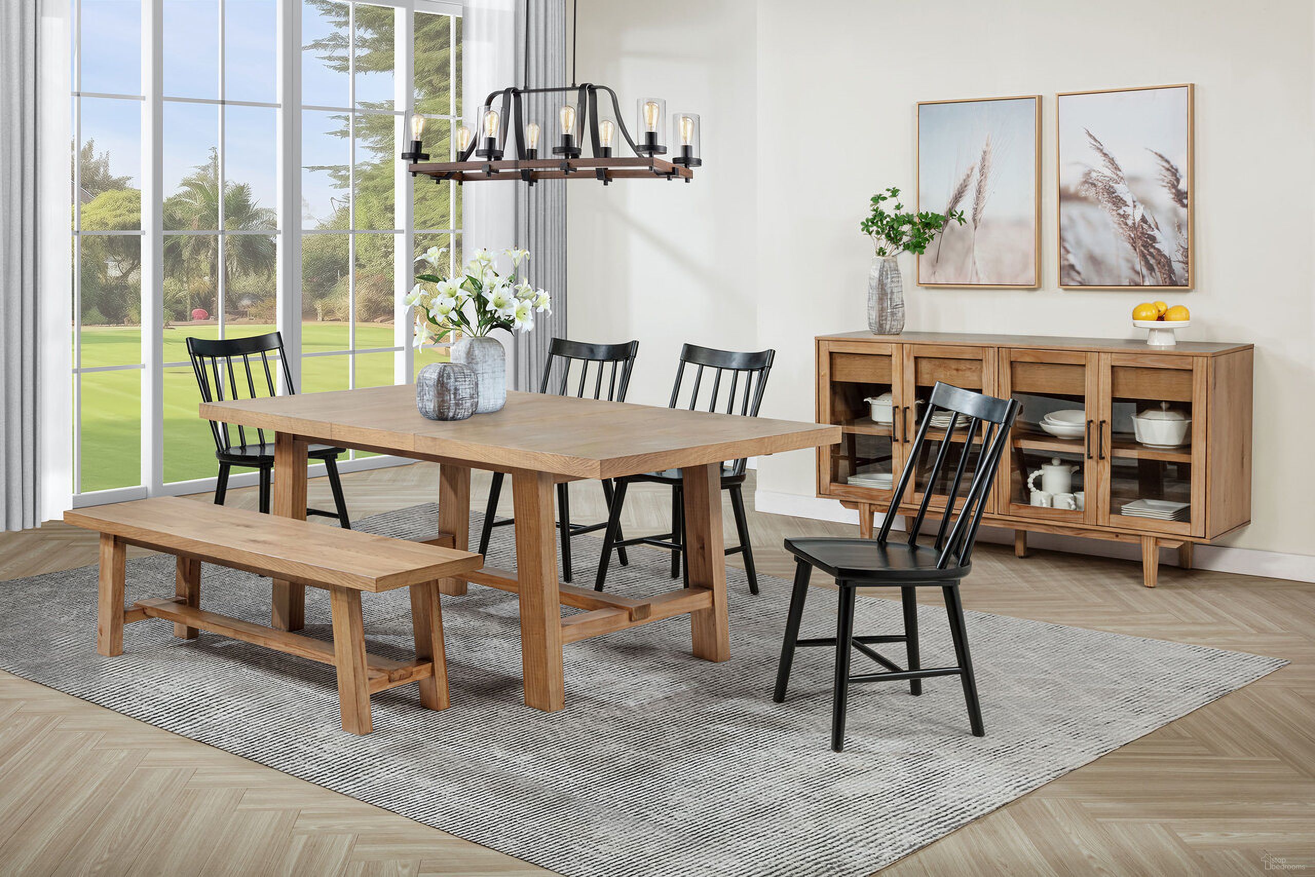 The appearance of Middleton 76 Inch Extension Leaf Dining Set In Natural and Black designed by Coaster in the country / farmhouse interior design. This black and natural piece of furniture was selected by 1StopBedrooms from Middleton Collection to add a touch of cosiness and style into your home. Sku: 108540B1;108540B2;108546BLK. Material: MDF. Table Top Shape: Rectangular. Size: 40" x 60".