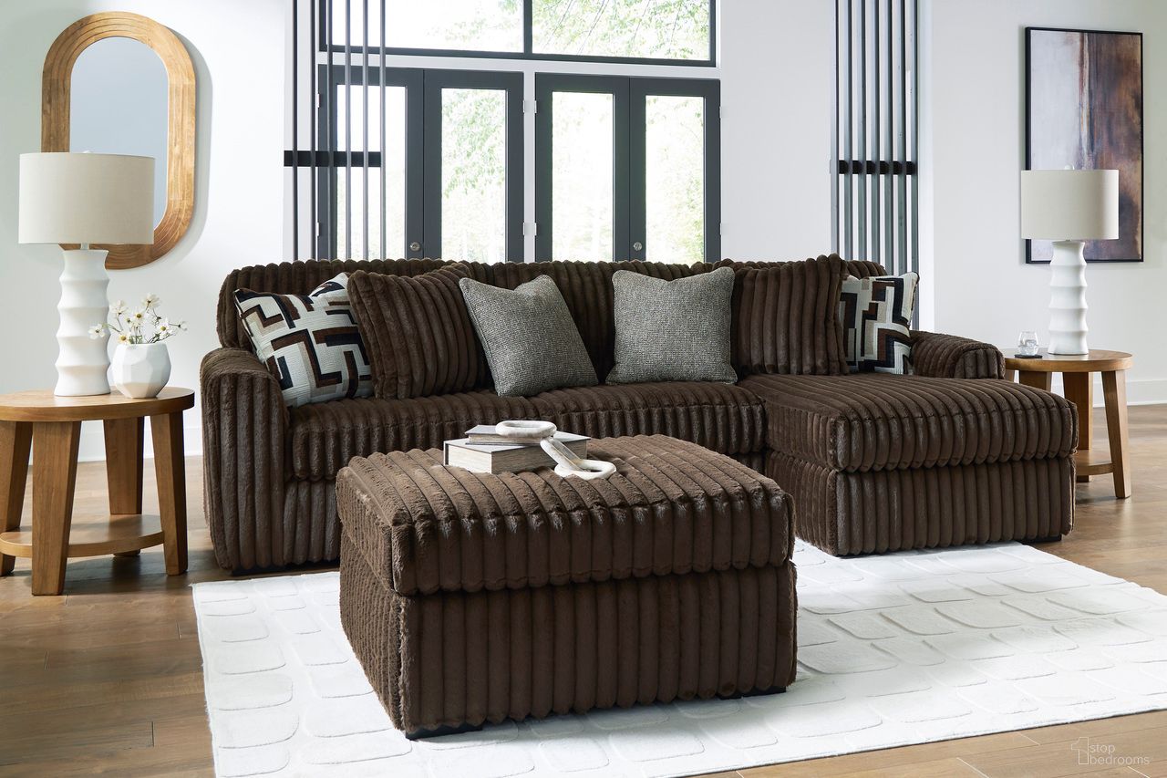The appearance of Midnight-Madness 2-Piece Sectional and Ottoman In Chocolate designed by Signature Design by Ashley in the modern / contemporary interior design. This chocolate piece of furniture was selected by 1StopBedrooms from Midnight-Madness Collection to add a touch of cosiness and style into your home. Sku: 9810417;9810466;9810408. Material: Corduroy.