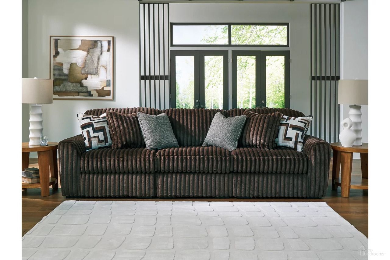 The appearance of Midnight-Madness 3-Piece Sectional Sofa In Chocolate designed by Signature Design by Ashley in the modern / contemporary interior design. This chocolate piece of furniture was selected by 1StopBedrooms from Midnight-Madness Collection to add a touch of cosiness and style into your home. Sku: 9810446;9810464;9810465. Material: Corduroy.