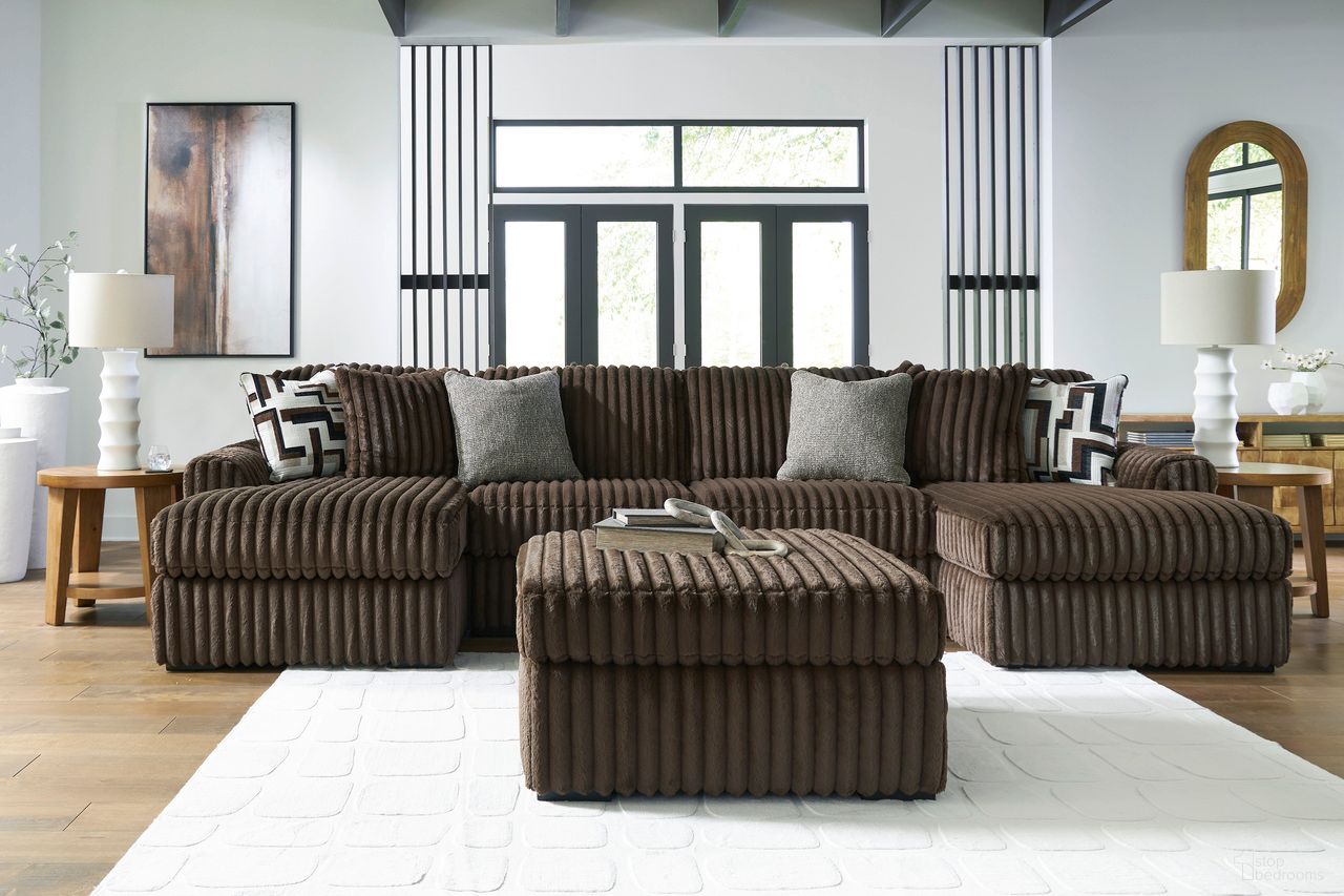 The appearance of Midnight-Madness 3 Piece Sectional with Ottoman In Chocolate designed by Signature Design by Ashley in the modern / contemporary interior design. This chocolate piece of furniture was selected by 1StopBedrooms from Midnight-Madness Collection to add a touch of cosiness and style into your home. Sku: 9810416;9810417;9810434;9810408. Material: Corduroy.