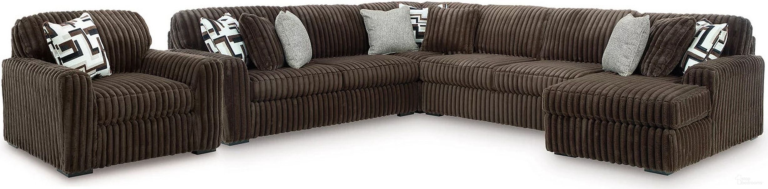 The appearance of Midnight-Madness 4-Piece Sectional and Oversized Chair In Chocolate designed by Signature Design by Ashley in the modern / contemporary interior design. This chocolate piece of furniture was selected by 1StopBedrooms from Midnight-Madness Collection to add a touch of cosiness and style into your home. Sku: 9810466;9810423;9810434;9810477;9810417. Material: Corduroy.