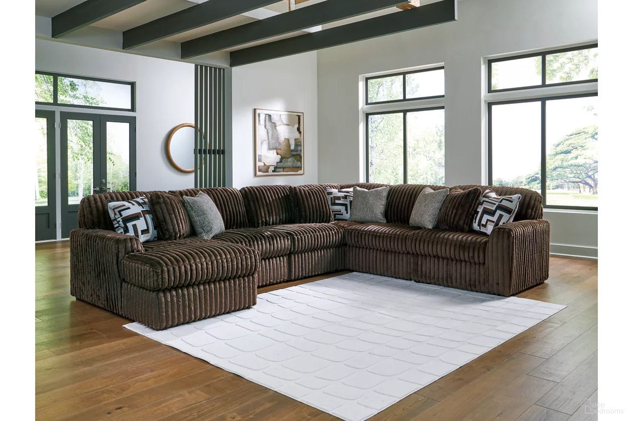 The appearance of Midnight-Madness 6-Piece LAF Sectional with Chaise In Chocolate designed by Signature Design by Ashley in the modern / contemporary interior design. This chocolate piece of furniture was selected by 1StopBedrooms from Midnight-Madness Collection to add a touch of cosiness and style into your home. Sku: 9810416;9810446;9810446;9810446;9810465;9810477. Material: Polyester. Orientation: LAF.