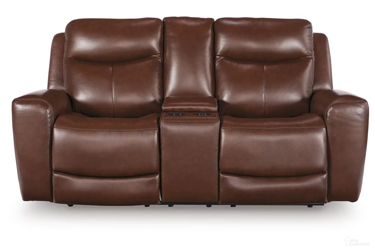 The appearance of Mighty Moves Power Reclining Loveseat with Console In Mahogany designed by Signature Design by Ashley in the modern / contemporary interior design. This mahogany piece of furniture was selected by 1StopBedrooms from Mighty Moves Collection to add a touch of cosiness and style into your home. Sku: NCU1210218. Material: Faux Leather.