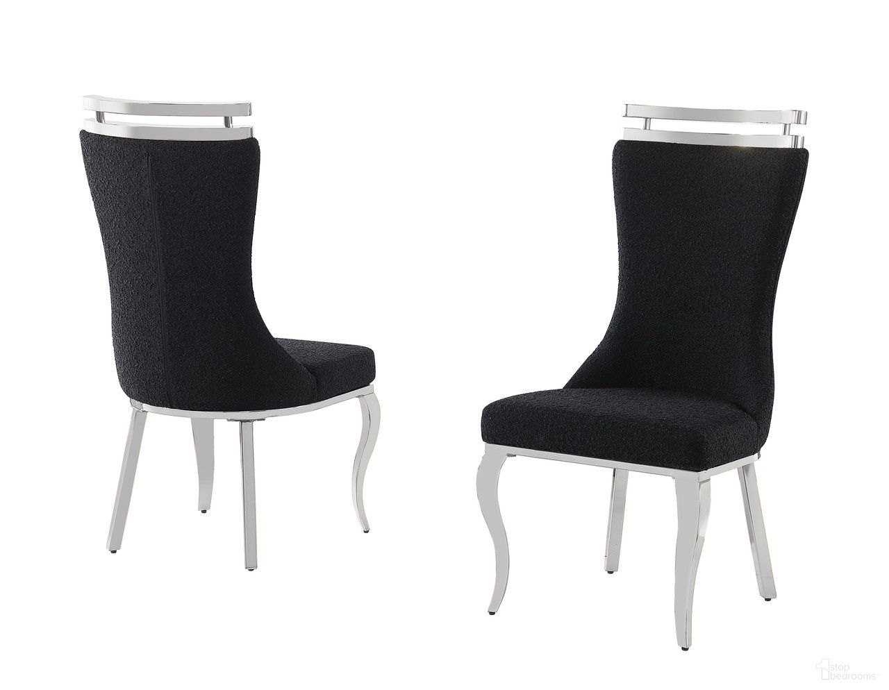 The appearance of Mike Boucle Fabric Dining Chair Set of 2 In Black and Chrome designed by Best Quality Furniture in the glam interior design. This black and chrome piece of furniture  was selected by 1StopBedrooms from Mike Collection to add a touch of cosiness and style into your home. Sku: SC392. Material: Boucle Fabric. Chair Type: Side Chair.