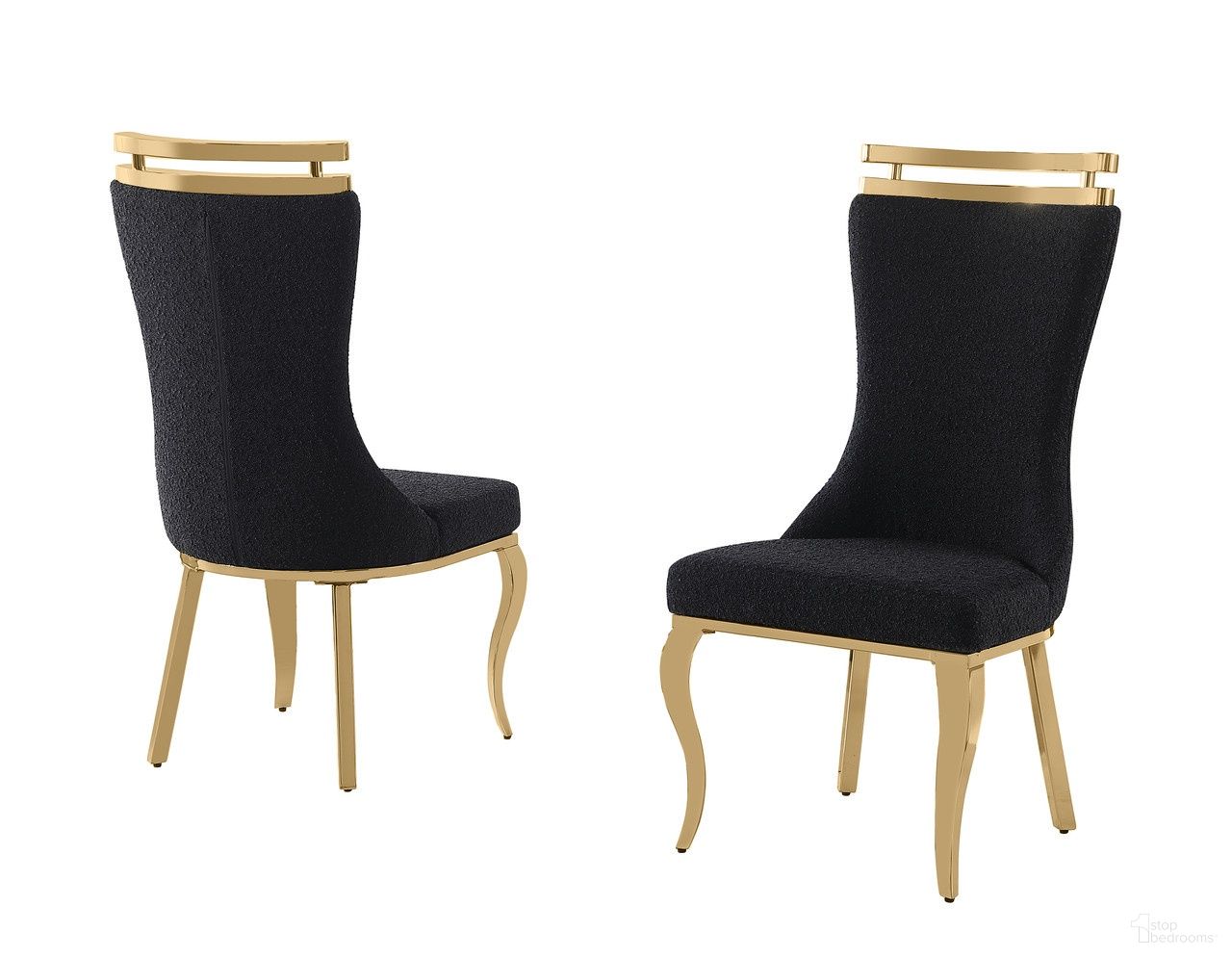 The appearance of Mike Boucle Fabric Dining Chair Set of 2 in Black and Gold Chrome designed by Best Quality Furniture in the glam interior design. This black and gold chrome piece of furniture  was selected by 1StopBedrooms from Mike Collection to add a touch of cosiness and style into your home. Sku: SC396. Material: Boucle Fabric. Chair Type: Side Chair.