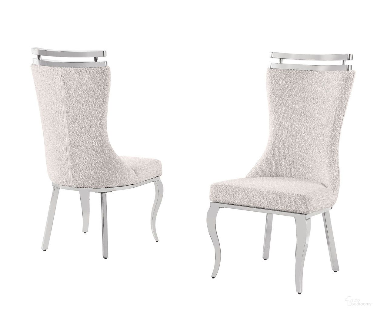 The appearance of Mike Boucle Fabric Dining Chair Set of 2 in Cream and Chrome designed by Best Quality Furniture in the glam interior design. This cream/chrome piece of furniture was selected by 1StopBedrooms from Mike Collection to add a touch of cosiness and style into your home. Sku: SC393. Material: Boucle Fabric. Chair Type: Side Chair.
