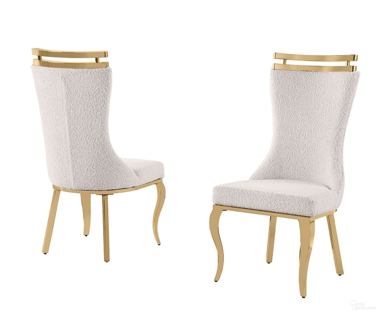 The appearance of Mike Boucle Fabric Dining Chair Set of 2 in Cream and Gold Chrome designed by Best Quality Furniture in the glam interior design. This cream and gold chrome piece of furniture  was selected by 1StopBedrooms from Mike Collection to add a touch of cosiness and style into your home. Sku: SC397. Material: Boucle Fabric. Chair Type: Side Chair.
