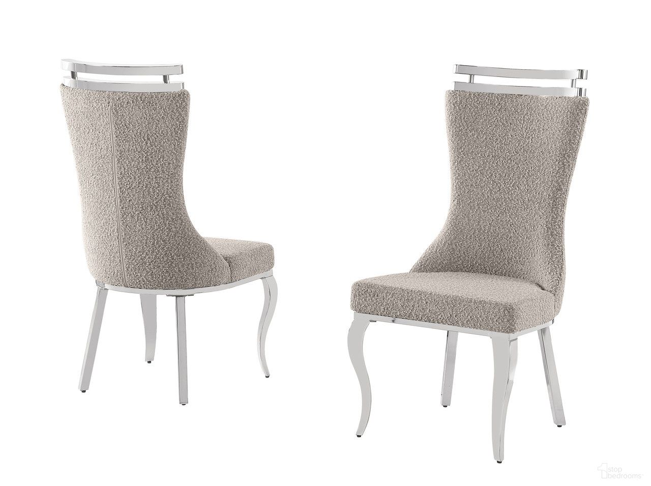 The appearance of Mike Boucle Fabric Dining Chair Set of 2 in Gray and Chrome designed by Best Quality Furniture in the glam interior design. This chrome and gray piece of furniture was selected by 1StopBedrooms from Mike Collection to add a touch of cosiness and style into your home. Sku: SC391. Material: Boucle Fabric. Chair Type: Side Chair.