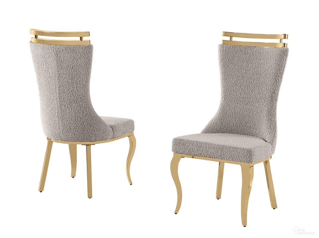 The appearance of Mike Boucle Fabric Dining Chair Set of 2 in Gray and Gold Chrome designed by Best Quality Furniture in the glam interior design. This gray and gold chrome piece of furniture was selected by 1StopBedrooms from Mike Collection to add a touch of cosiness and style into your home. Sku: SC395. Material: Boucle Fabric. Chair Type: Side Chair.