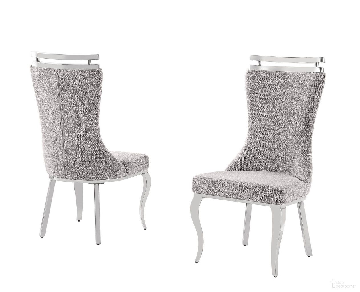The appearance of Mike Boucle Fabric Dining Chair Set of 2 in Rich Gray and Chrome designed by Best Quality Furniture in the glam interior design. This rich gray and chrome piece of furniture was selected by 1StopBedrooms from Mike Collection to add a touch of cosiness and style into your home. Sku: SC390. Material: Boucle Fabric. Chair Type: Side Chair.