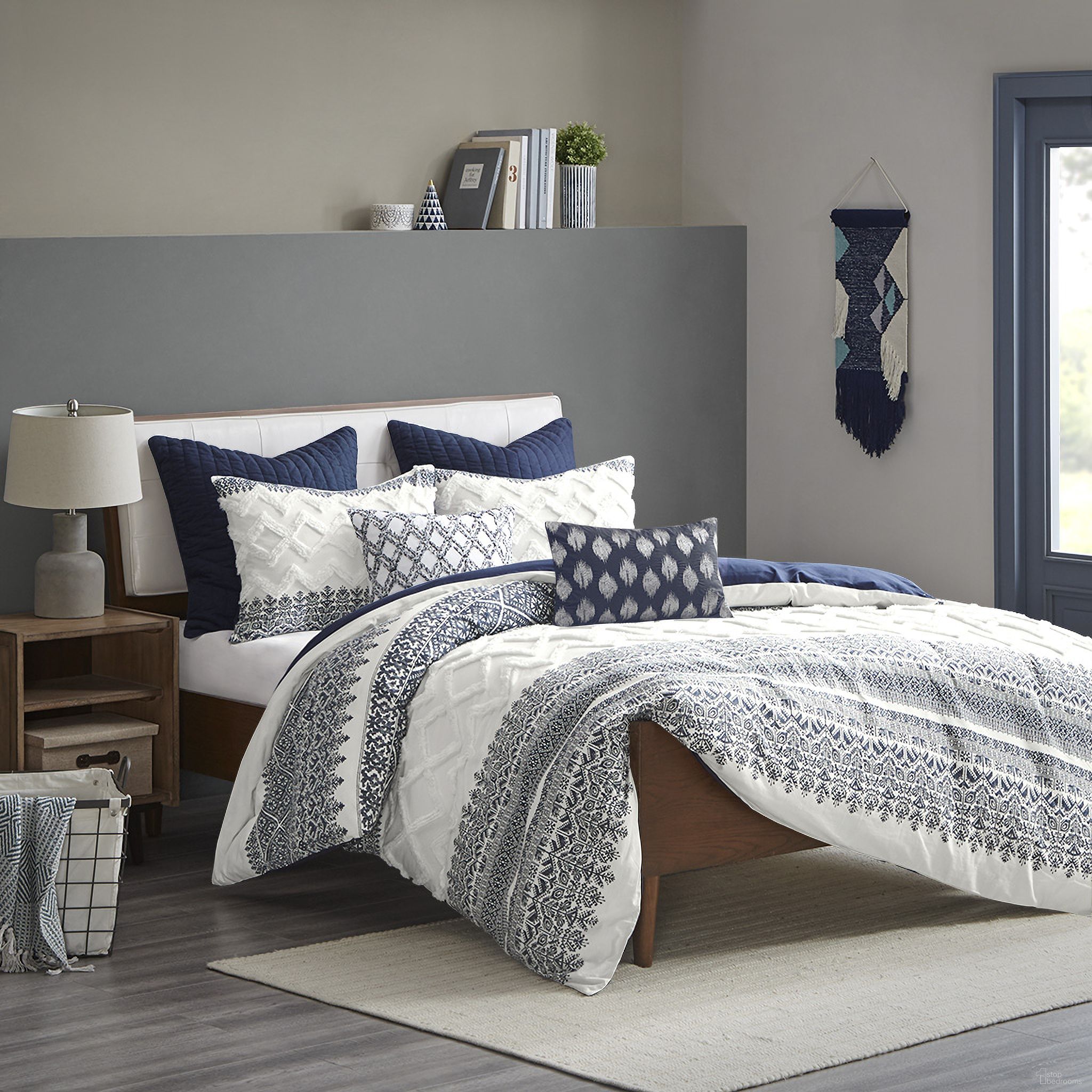 The appearance of Mila Cotton Printed 3 Piece King Comforter Set With Chenille In Navy designed by Olliix in the modern / contemporary interior design. This navy piece of furniture was selected by 1StopBedrooms from Mila Collection to add a touch of cosiness and style into your home. Sku: II10-1062. Material: Polyester. Bed Size: King.