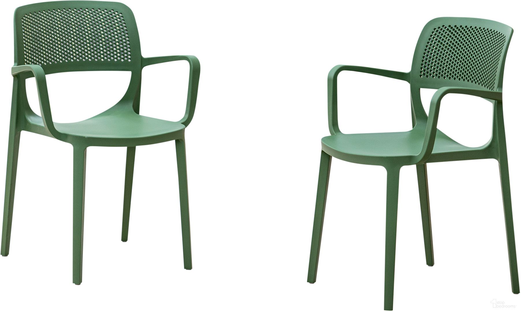 The appearance of Mila Set of 2 Stackable Armchair In Green designed by Rainbow Outdoor in the traditional interior design. This green piece of furniture  was selected by 1StopBedrooms from Mila Collection to add a touch of cosiness and style into your home. Sku: RBO-MILA-GRE-AC-SET2. Material: Polypropylene.