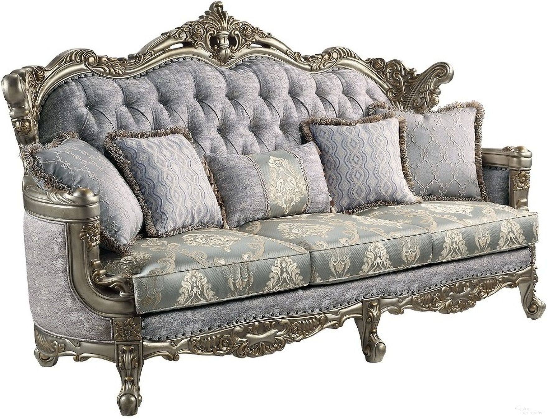The appearance of Miliani Sofa with 5 Pillows In Fabric and Antique Bronze designed by ACME in the traditional interior design. This antique bronze piece of furniture  was selected by 1StopBedrooms from Miliani Collection to add a touch of cosiness and style into your home. Sku: LV01780. Material: Wood.