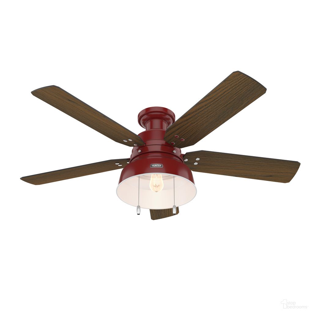 Mill Valley 52 Inch Low Profile Damp Rated Ceiling Fan with LED Light Kit and Pull Chain In Barn Red and Medium Walnut