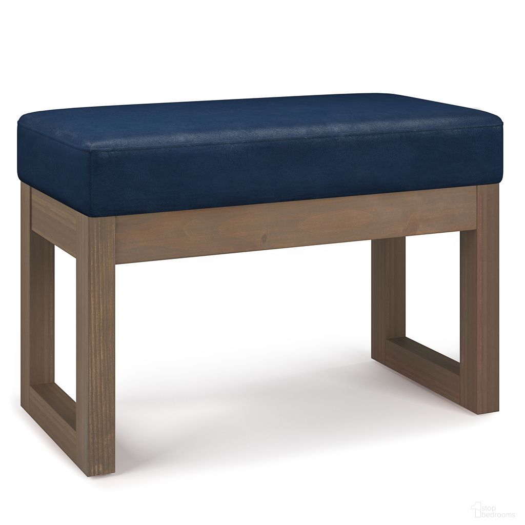 The appearance of Milltown Solid Wood Footstool Small Ottoman Bench In Distressed Dark Blue designed by Simpli Home in the modern / contemporary interior design. This distressed dark blue piece of furniture was selected by 1StopBedrooms from Milltown Collection to add a touch of cosiness and style into your home. Sku: AXCOT-252S-DDB. Material: Faux Leather.