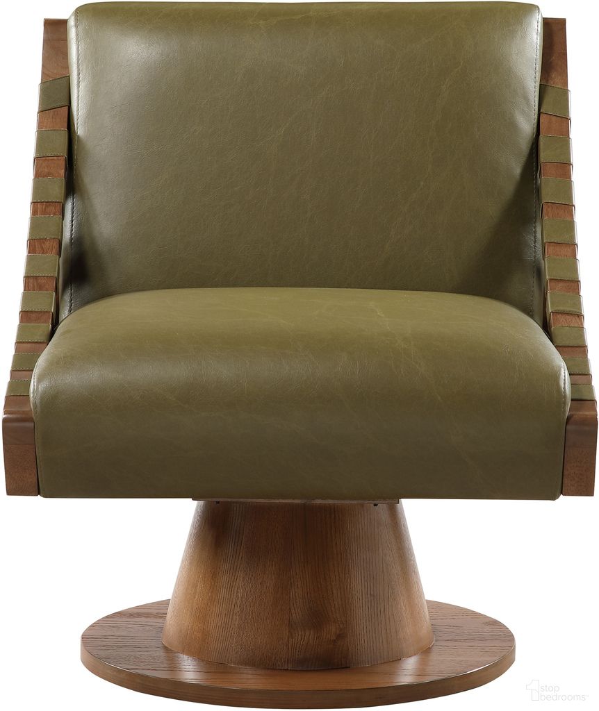 The appearance of Millwin Vegan Leather Swivel Accent Chair In Olive and Walnut designed by Meridian in the modern / contemporary interior design. This olive and walnut piece of furniture was selected by 1StopBedrooms from Millwin Collection to add a touch of cosiness and style into your home. Sku: 33003Olive. Material: Vegan Leather.